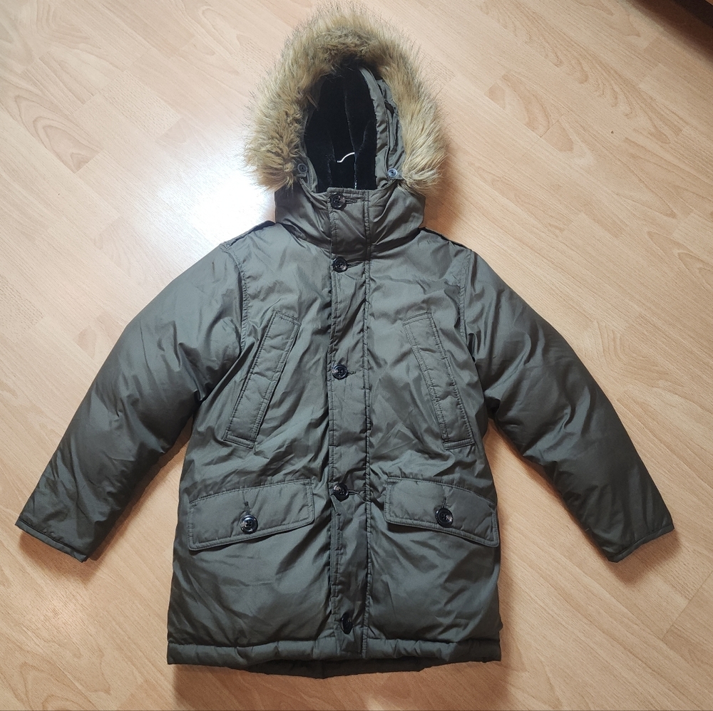 Gap Kids Warmest Down Fill Parka Green Coat Removable Faux Fur Trim Size Medium